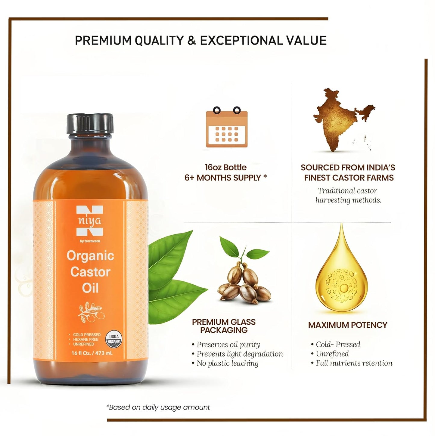 Niyavera Organic Castor Oil USDA Certified 16oz - 100% Pure Golden Cold Pressed Unrefined Hexane Free for Hair Growth, Eyelashes, Eyebrows, Skin - Glass Bottle with Pump