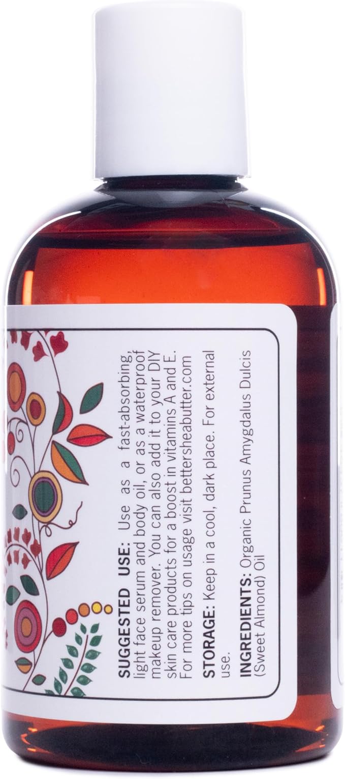 Better Shea Butter Organic Almond Oil | 100% Pure, Cold-Pressed | Natural Massage Oil for Body and Face | 4 oz