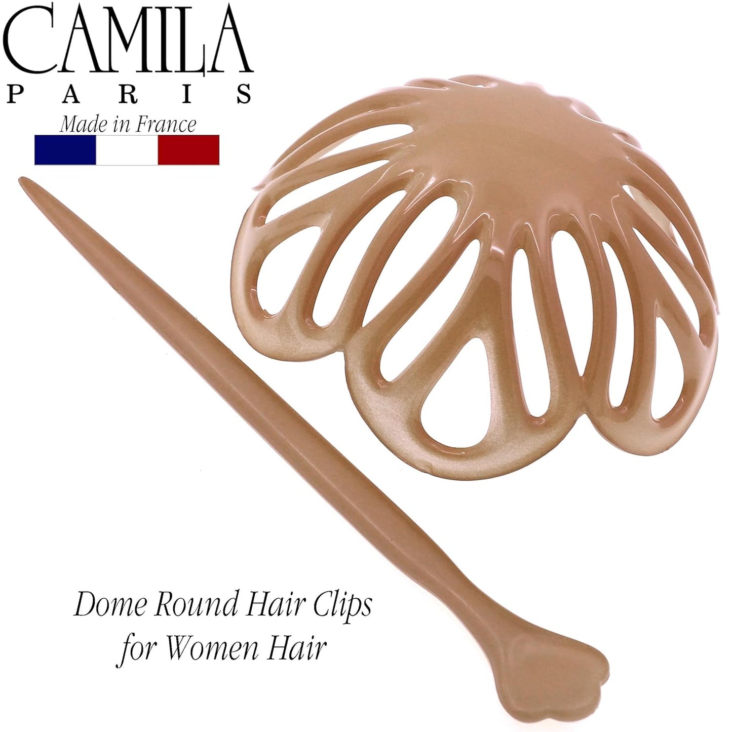 Camila Paris CP3143 French Hair Bun Clip Maker Cover Cap Holder, Beige, Round Dome Bun Hair Clip for Women Hair Updo, Styling Hair Bun Accessories for Women, No Slip and Durable, Made in France