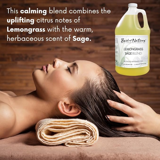 Best of Nature Lemongrass and Sage Massage Oil Blend - Non-Greasy Aromatherapy Massage Oil for Body, Skin & Face, Crafted with Pure Essential Oils, Half Gallon (64 fl oz)