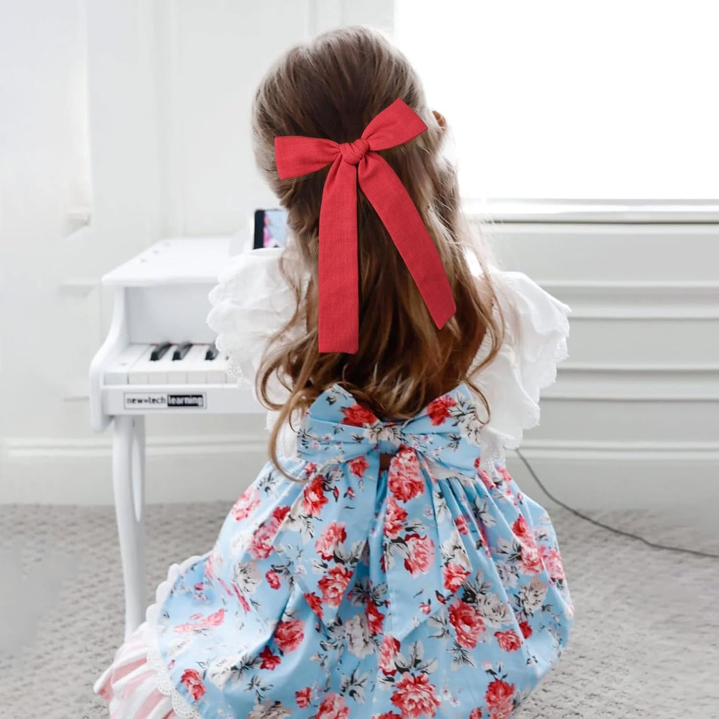 DEEKA Cotton Linen Hair Accessories Set: Red Hair Bows & Ponytail Knot Bows in 2 Sizes, Alligator Clips for Toddlers & Little School Girls