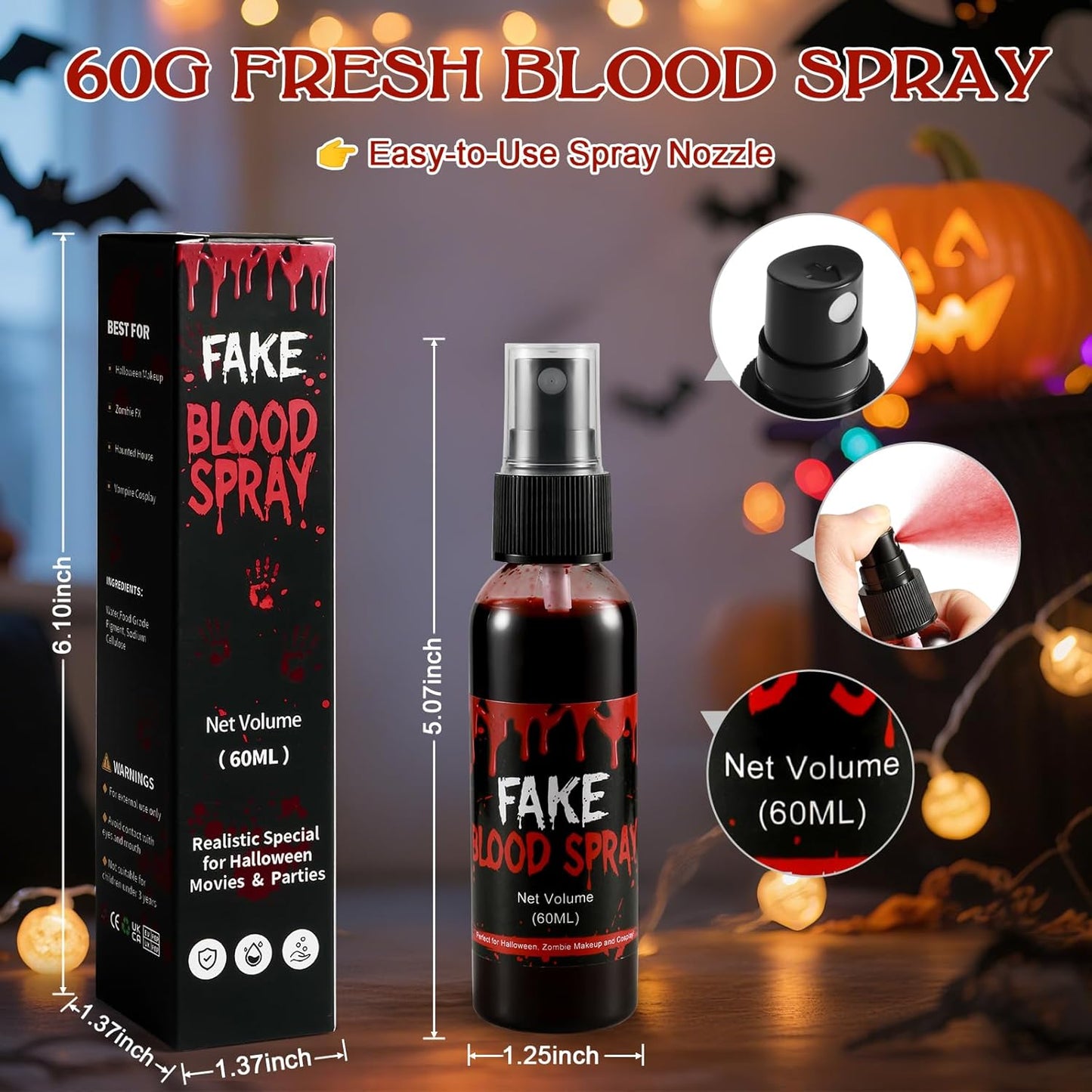Halloween Fake Blood Spray – 60ML Fresh Realistic Fake Blood for SFX Makeup, Vampire Zombie Cosplay,Mouth Body Clothes Stage Effects – Easy to Use and Washable