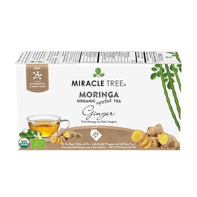Miracle Tree - 6 Count of Organic Moringa Superfood Tea, 25 Individually Sealed Tea Bags, Ginger (Keto, Detox, Energy/Immunity Booster, Vegan, Gluten-Free, Organic, Non-GMO, Caffeine-Free)