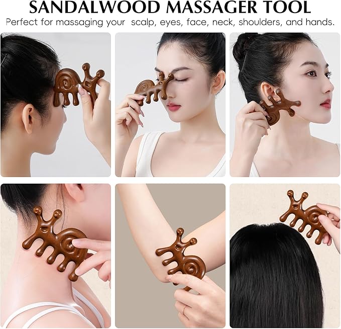 Manual Scalp Massager - Sandalwood Massager Tool for Scalp, Eye, Facial, Neck - Snail Massage Gua Sha Comb for Men Women