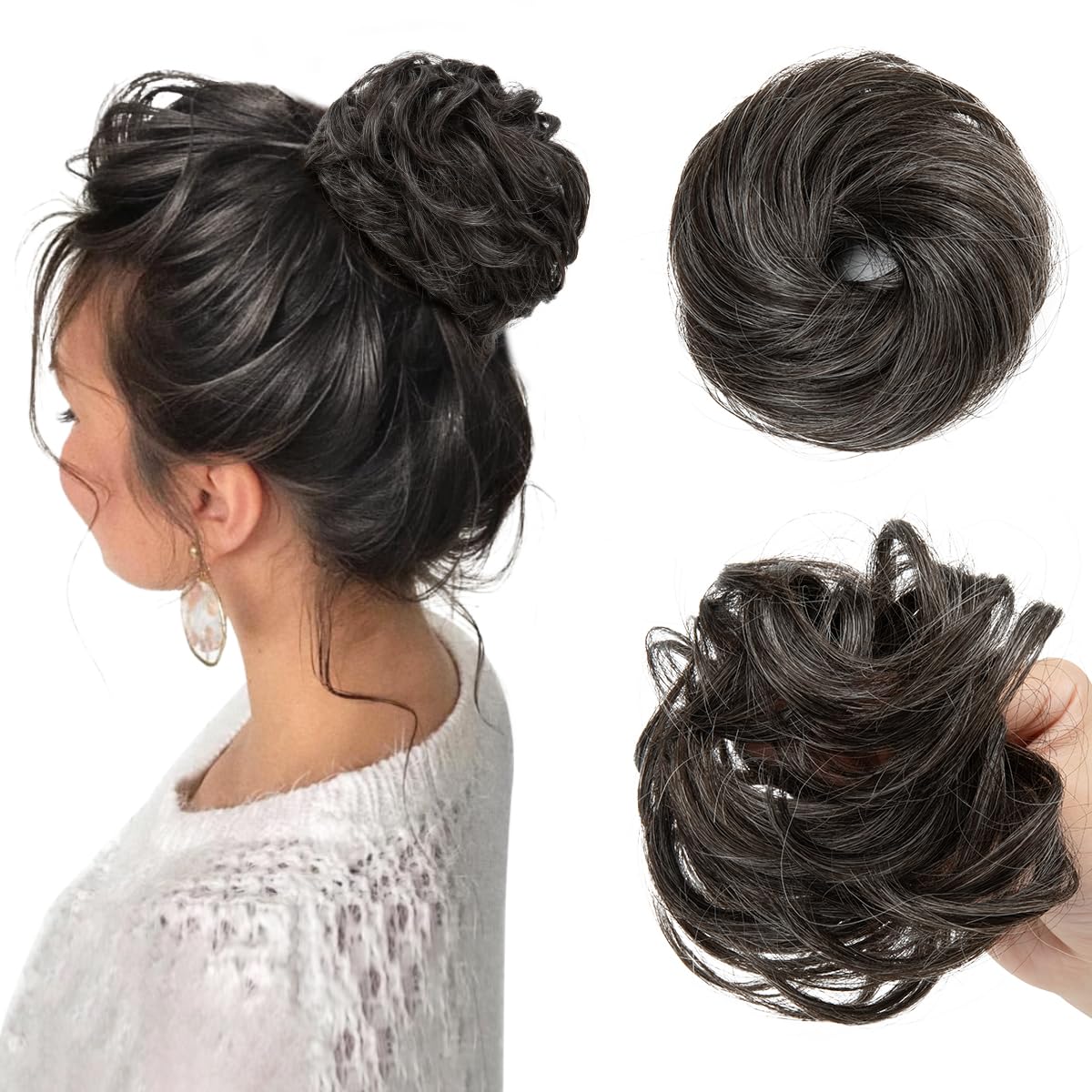 CJL HAIR 2PCs Small Cute Messy Bun Hair Piece for Thin Hair Women Mini Synthetic Curly Bun Scrunchies Updo Hairpieces Pepper Grey