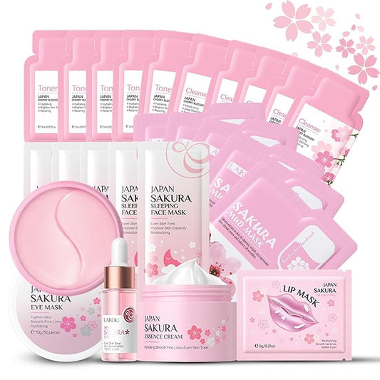 Skincare Set for Teenage Girls, Japan-Sakura Skin Care Products Set, Skin Care Sets & Kits, Cleanser, Toner, Serum, Cream, Sleep Mask,Eye Mask,Mud Mask,Lip Mask Beauty Products Daily Face Care 24PCS