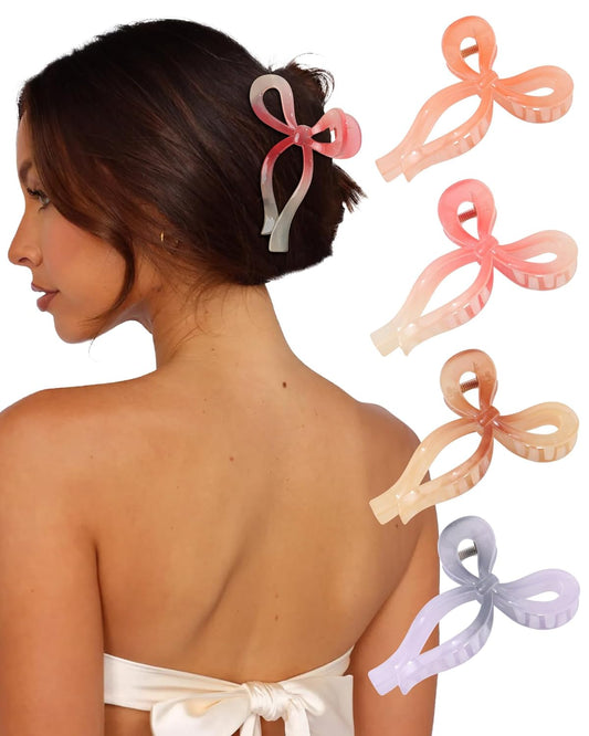 4 PCS Bow Hair Clips Bow Claw Clip for Women Nonslip Large Hair Claw Clips for Thin and Thick Hair Strong Hold Hair Bows (Purple+Rose red+Orange+Light brown)