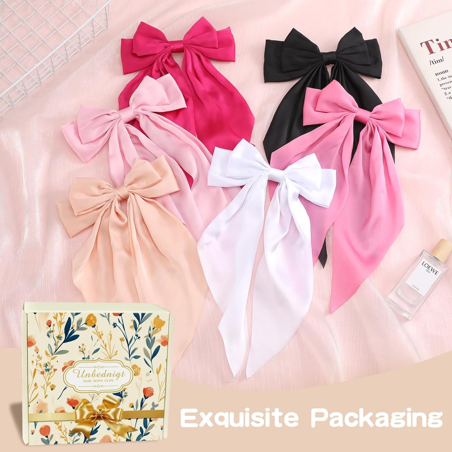 Hair Bows for Women, 6 PCS Silky Satin Hair Clips, Large Bow Hair Barrettes, Oversized Long Tail, Pink Color, Metal Bow Hair Clips, Aesthetic Hair Accessories