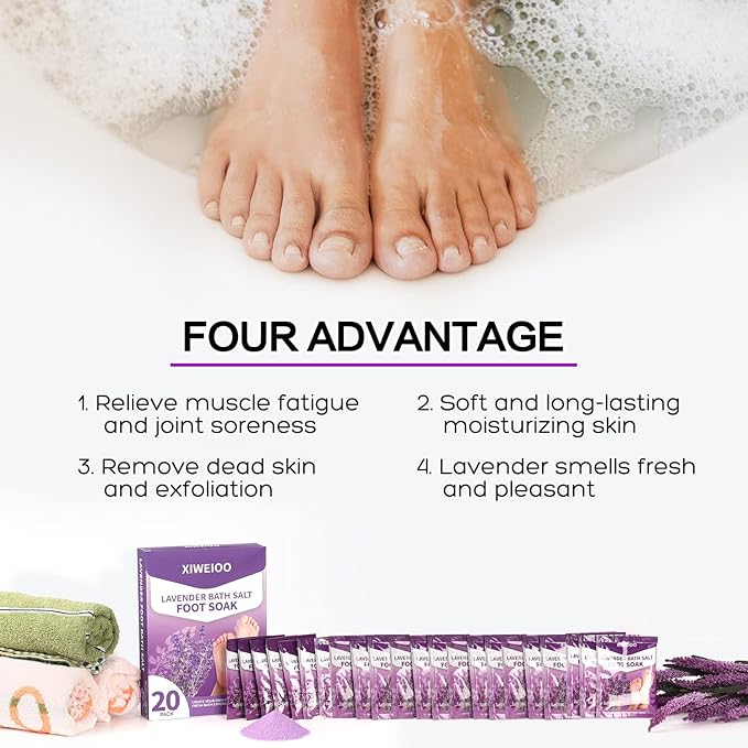 Foot Soak Salts with Epsom Salt for Soaking Lavender Pedicure kit Foot Bath- 20 Pack Bath sea Salts pedicure foot spa soak Products kit 21 oz Tea Tree Oil feet soak Athletes Callus Remover XIWEIOO