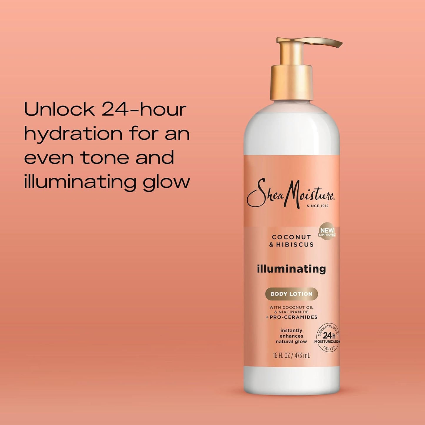 SheaMoisture Illuminating Body Lotion with Coconut Oil, Hibiscus, Niacinamide and Pro-Ceramides, Instantly Enhancing Skin's Natural Glow, 24H Moisturizing 16 oz