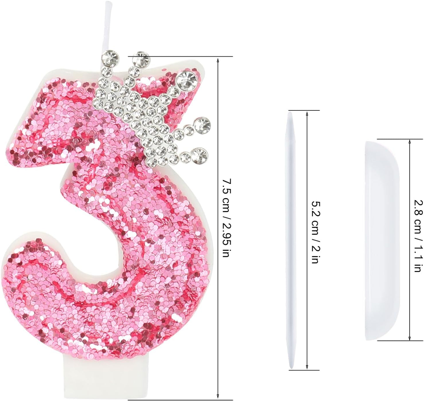 Birthday Number Candles,Pink Crown Birthday Candles for Cake,Glitter Number 3 Candle Cake Topper with Sequins for Girls,Women, Anniversary Celebrations Supplies (Pink 3)