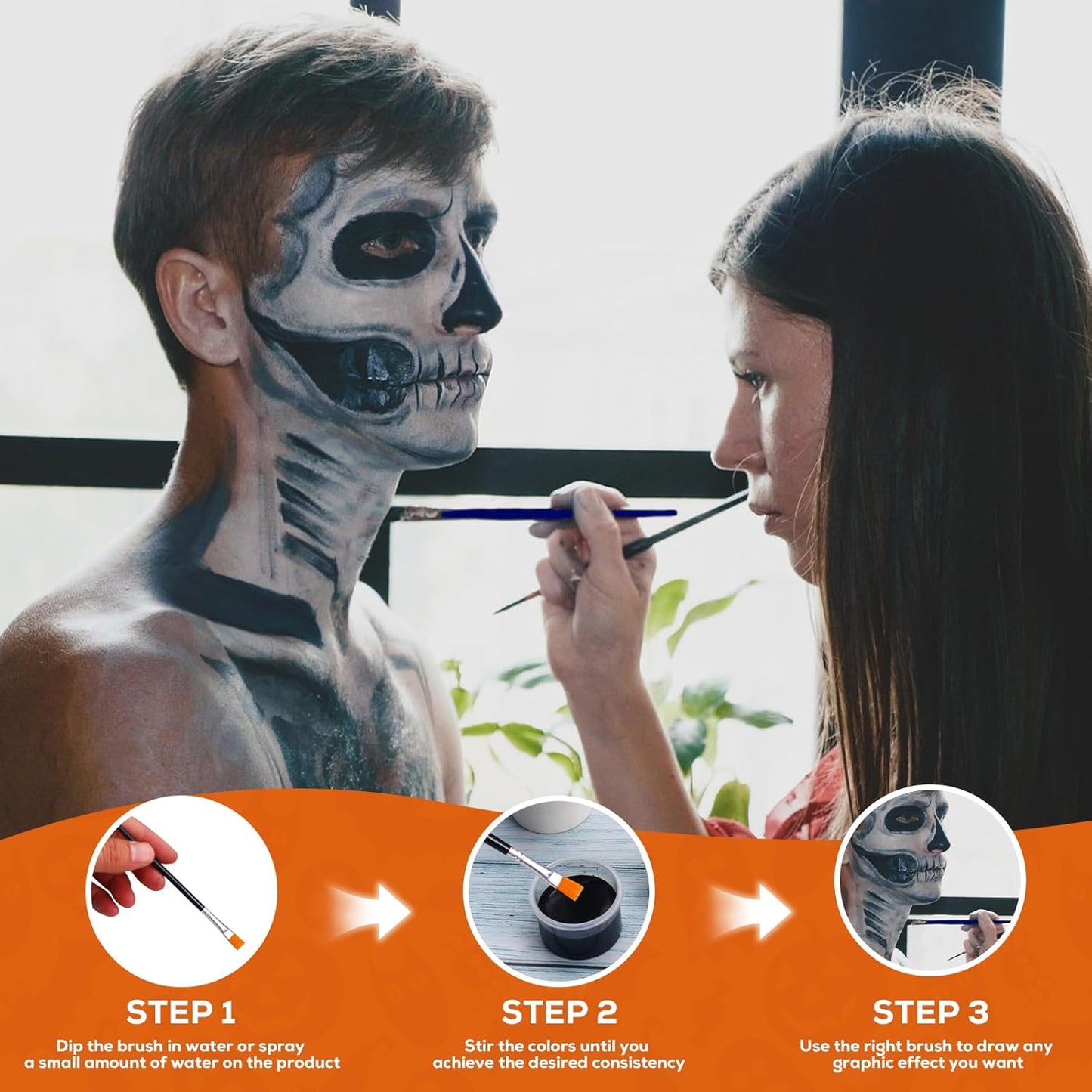 Halloween Makeup Kit, White + Black + Silver Face Painting Kit for Adults 60g(2.1 oz), Body Paint Kit with Brushs for Halloween Makeup, Party, Cosplay, Theater