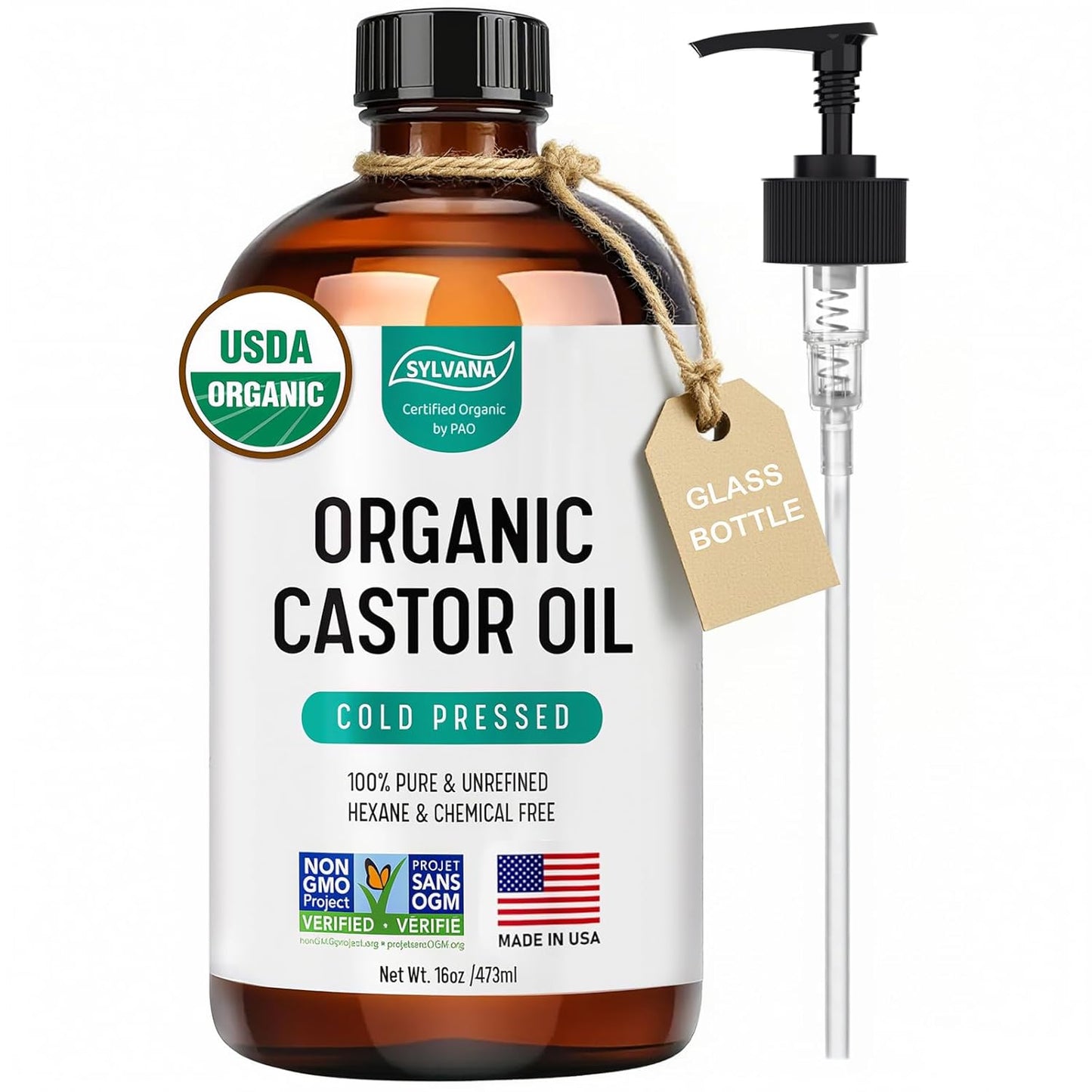 SYLVANA Organic Castor Oil with Pump (16oz Glass Bottle), USDA Certified Organic, Cold Pressed, Hexane Free, Vegan - 100% Pure Castor Oil for Hair Growth, Nourishing Skin, Lashes & Eyebrows