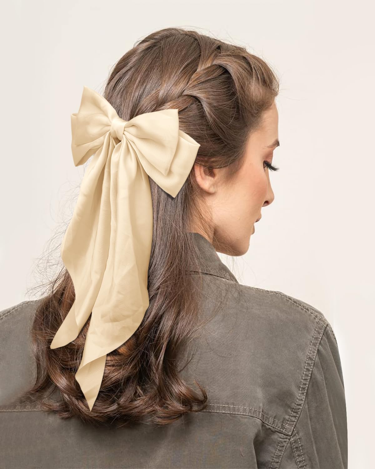 Hair Bows for Women Silky Satin Hair Bow with Long Tail 2PCS Khaki Hair Ribbons Bow Hair Clips Large Hair Bow with Metal Clips