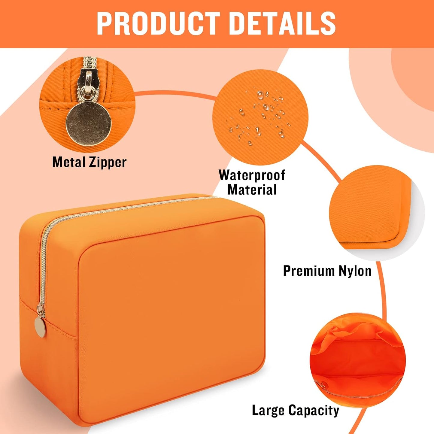 Iqimott Nylon Large Makeup Bag Travel Pouch, Preppy Cosmetic Organizer, Waterproof Toiletry Zipper Storage for Women Girls Teens (Orange)