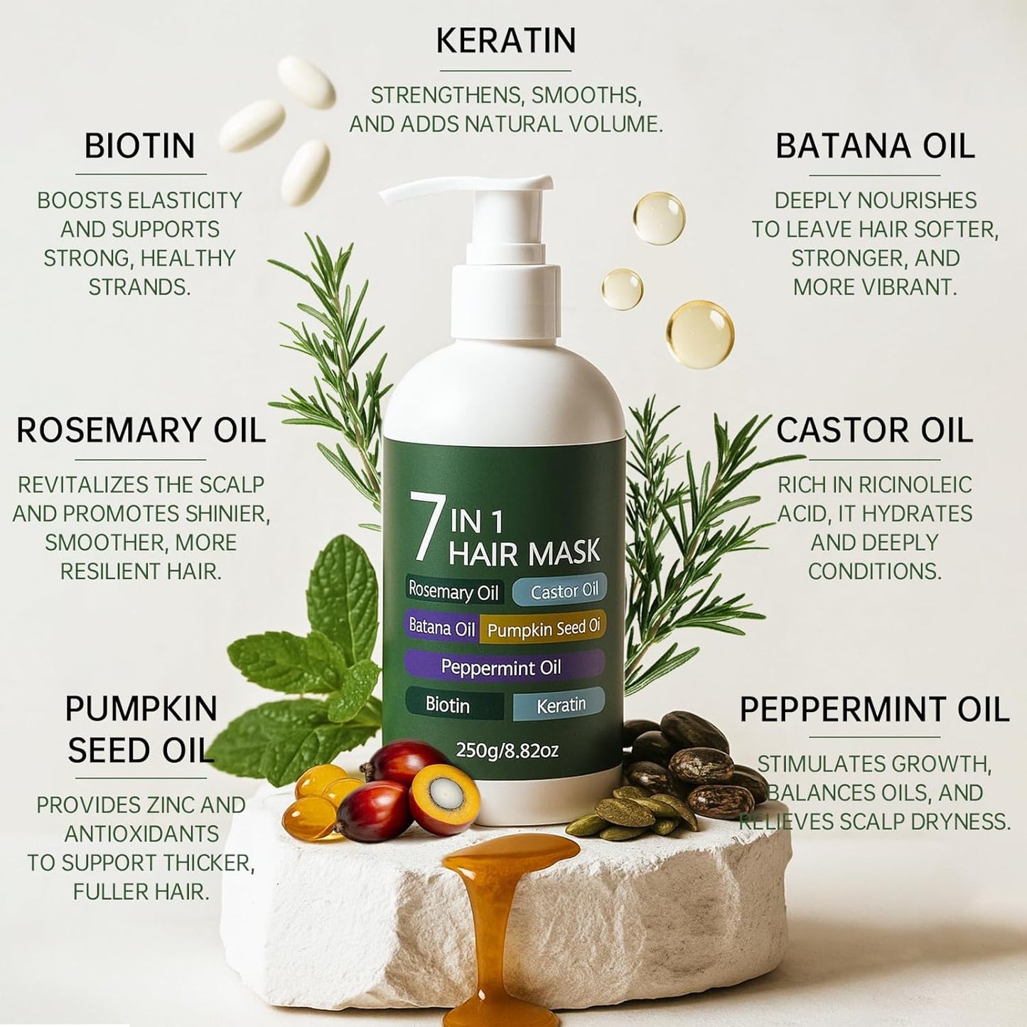 EELHOE 7 in 1 Hair Mask, Keratin Biotin Hair Mask with Batana, Rosemary, Castor, Pumpkin, Peppermint Oil, Hair Repair Mask for Damaged Dry Frizzy Bleached Hair & Hair Growth, All Hair Types, 8.8 Oz