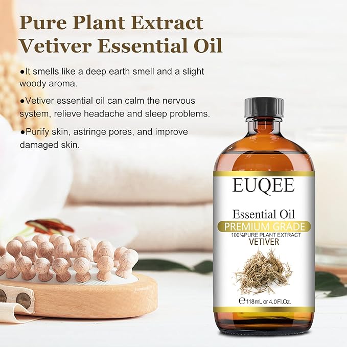 Vetiver Essential Oil 4oz/118ML Large Bottle Vetiver Oil Premium Essential Oil for Candle Making, Humidifier, Diffusers - with Glass Dropper