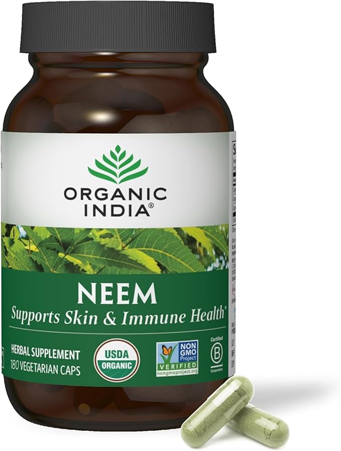 ORGANIC INDIA Neem Leaf Capsules, Herbal Supplement - Supports Skin, Immune, & Liver Health, Detox, Vegan, Gluten-Free, USDA Certified Organic - 180 Capsules