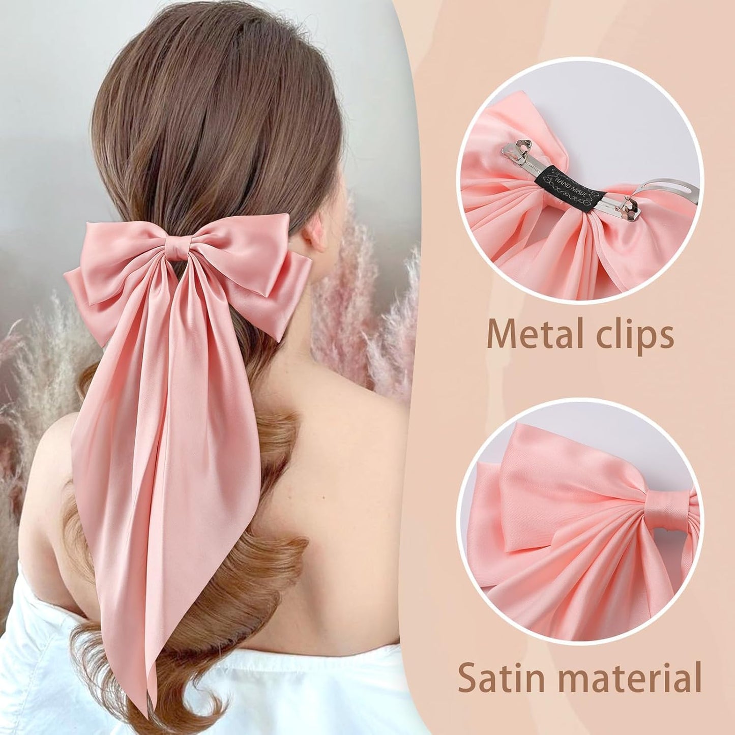 6 PCS Hair Bows for Women, Big Bow Hair Clips for Girls, Silky Satin Hair Bows Clips Oversized Long Tail, Large Hair Barrettes Cute Hair Accessories, Metal Bow Clips for Hair Khaki Color