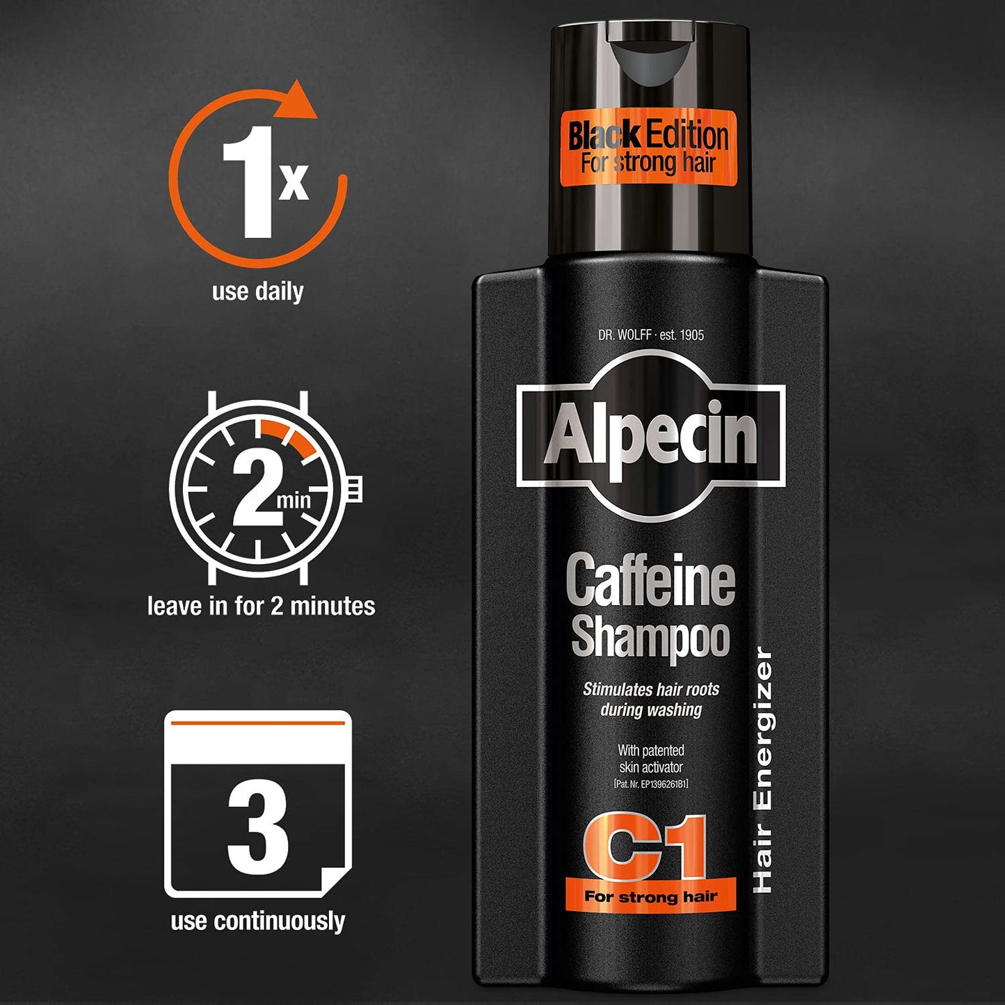 Alpecin Caffeine Shampoo C1 Black Edition with Bold Fragrance 8.45 oz I Hair Performance Enhancer Promotes Natural Hair Growth and Thickness I Energizes Scalp