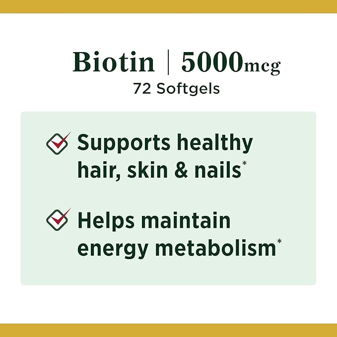 Nature's Bounty Biotin, Vitamin Supplement, Supports Metabolism for Energy and Healthy Hair, Skin, and Nails, 5000 mcg, 72 Softgels (Pack of 2)
