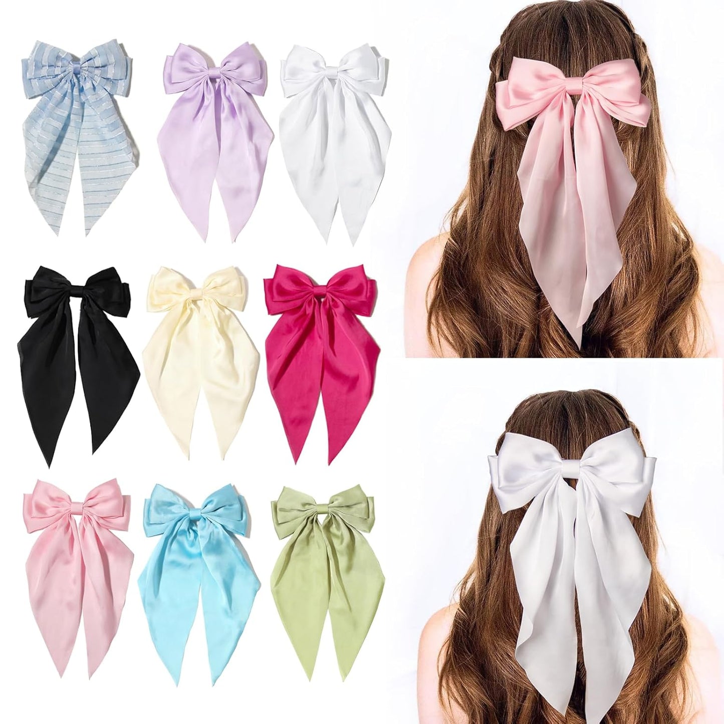 Furling Pompoms Hair Bows Clips for Women Large Pink Bows for Girls White Hair Ribbon for Hair Satin Long Tails with Alligator Clips Big Hair Bow Hair Accessories Pack of 9