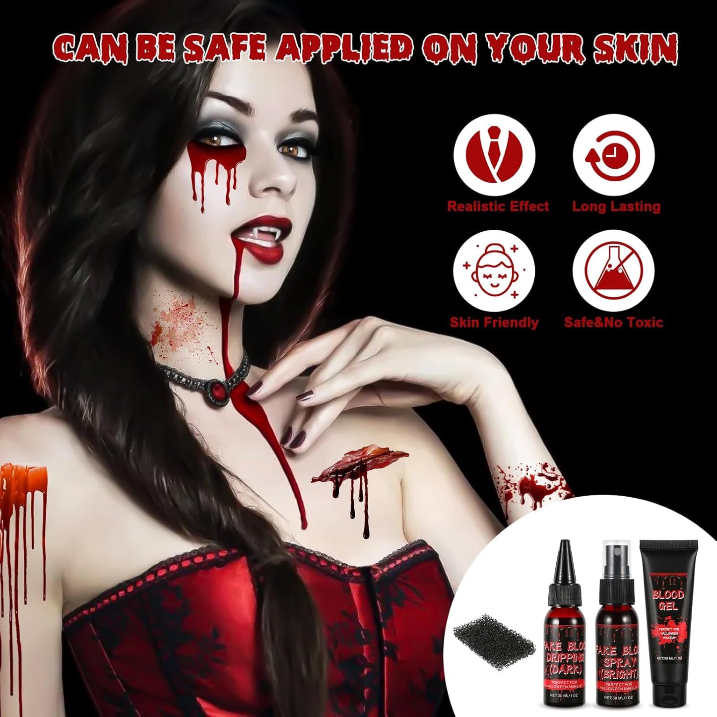 Halloween Fake Blood Makeup Kit - Includes Realistic Coagulated Blood Gel, Fake Blood Spray, Dripping Blood, Stage Blood, for Zombie Vampire Cosplay Party Mouth Clothes