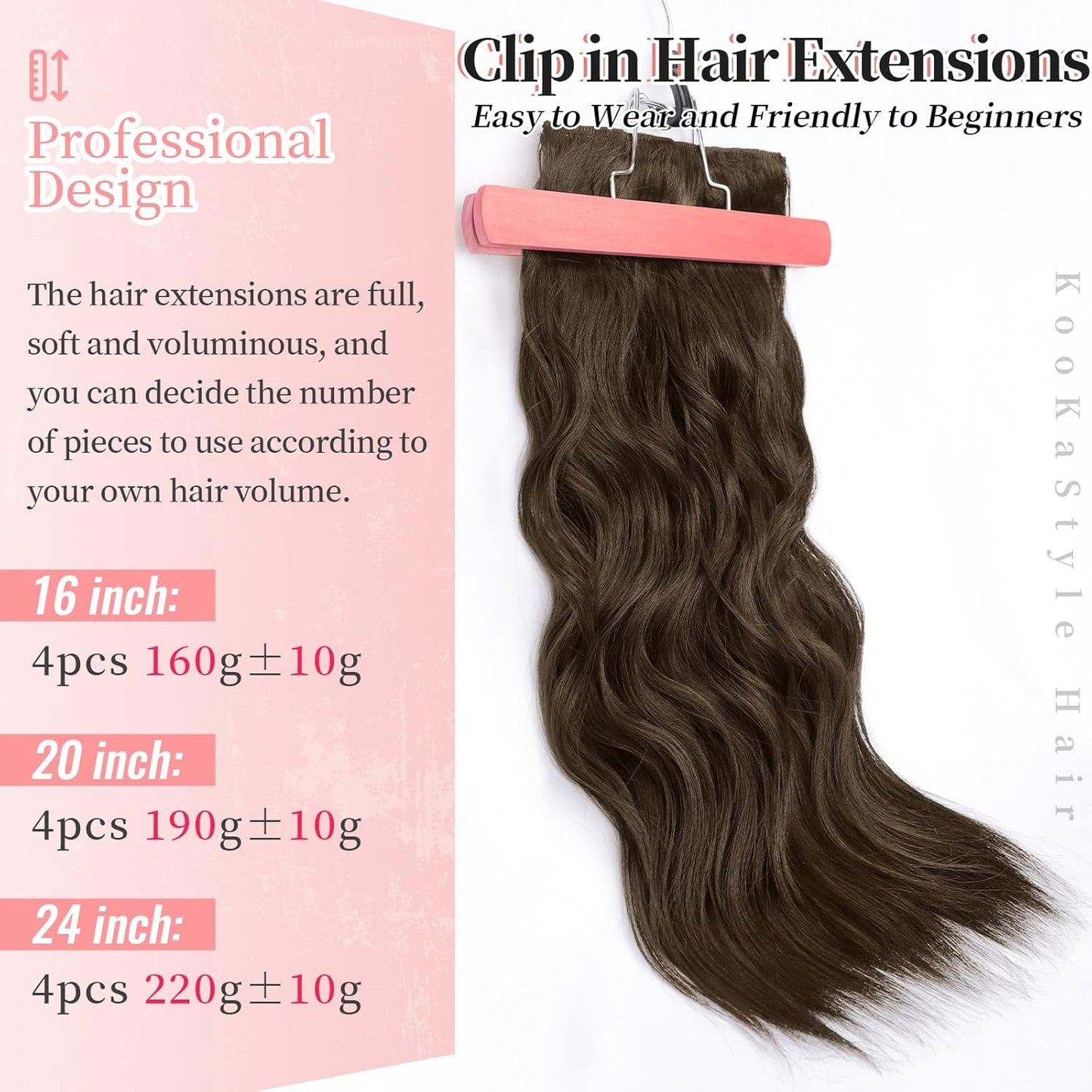 KooKaStyle Clip in Synthetic Hair Extensions Long Wavy 4PCS Thick Hairpieces Chestnut Brown Fiber Double Weft Natural Hair Extensions 20 Inch for Women