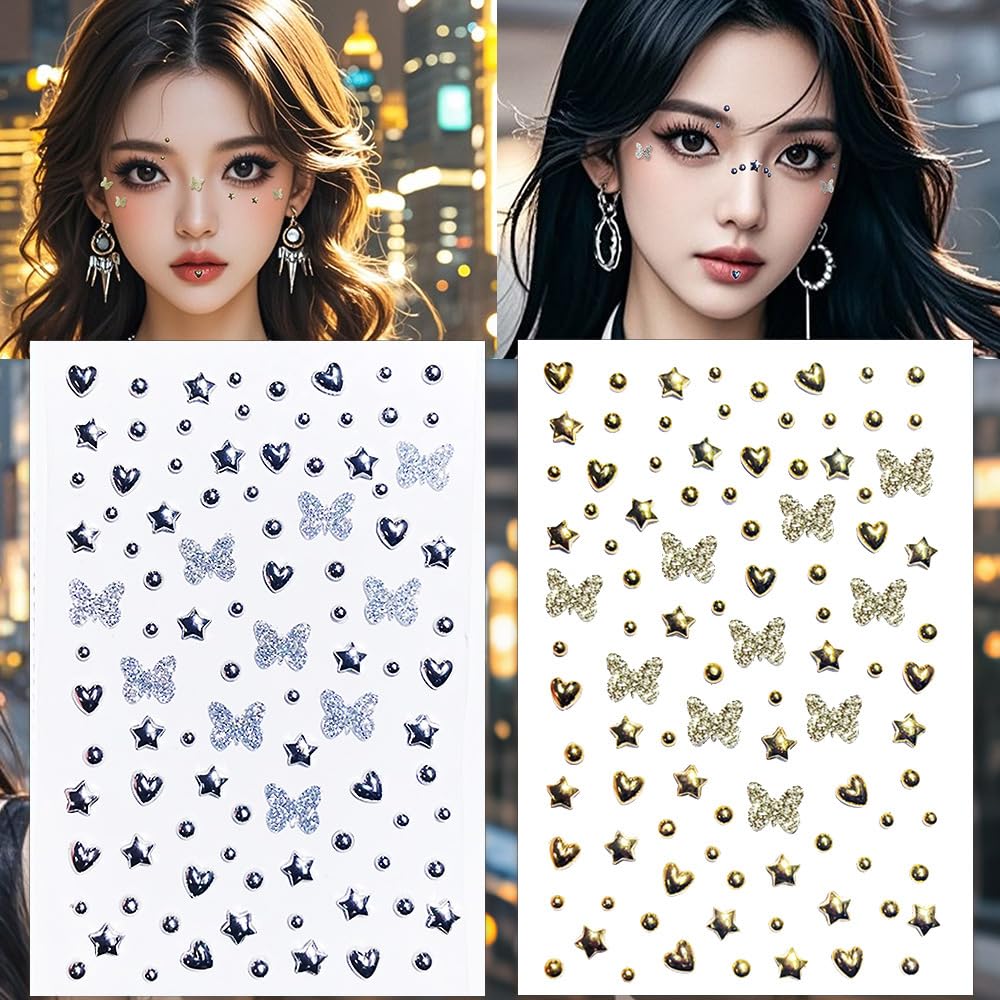 Fake Metallic Eye Corners Face Jewels Silver Gold Butterfly Face Gems Tattoo Decorations Body Glitter Crystal Sticker Temporary Tattoo, 2-Pack