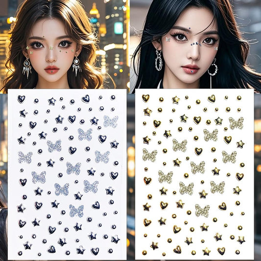 Fake Metallic Eye Corners Face Jewels Silver Gold Butterfly Face Gems Tattoo Decorations Body Glitter Crystal Sticker Temporary Tattoo, 2-Pack