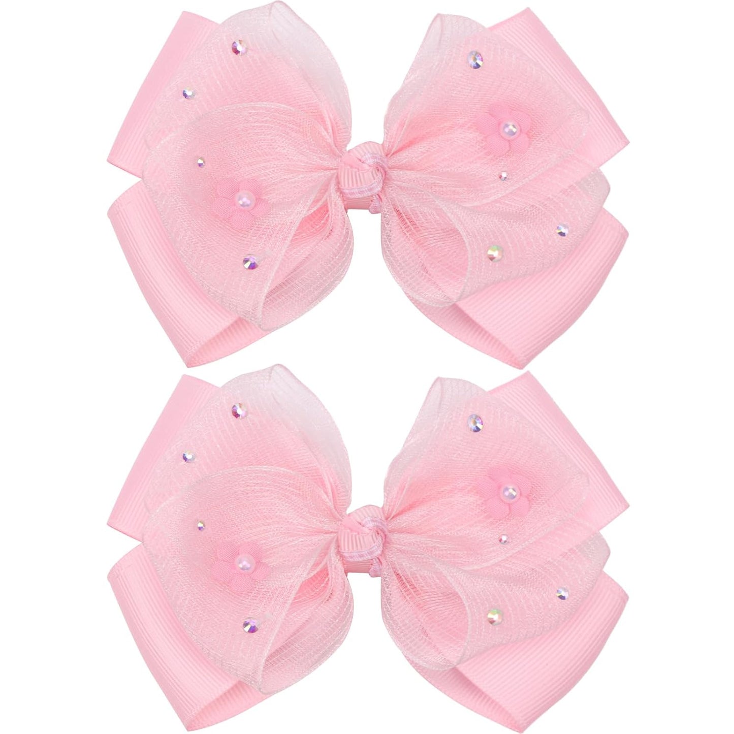 KISZU 4.5 Inch Flower Hair Bow Clips, Organza Bows with Pearls Big Hair Accessories for Baby Girls Kids Children Teens and Women (Pink)