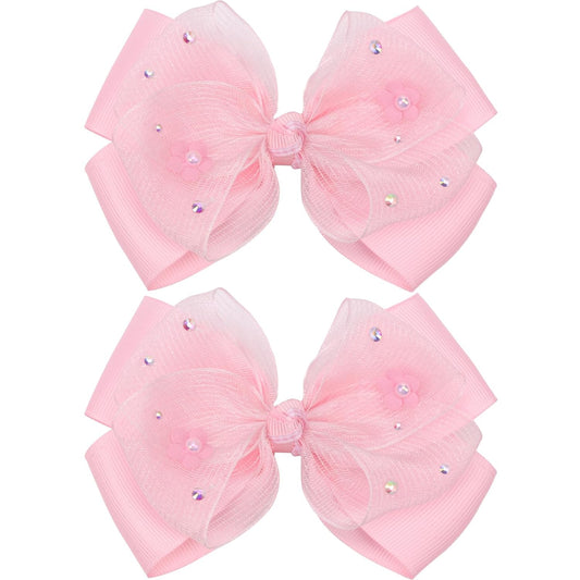 KISZU 4.5 Inch Flower Hair Bow Clips, Organza Bows with Pearls Big Hair Accessories for Baby Girls Kids Children Teens and Women (Pink)