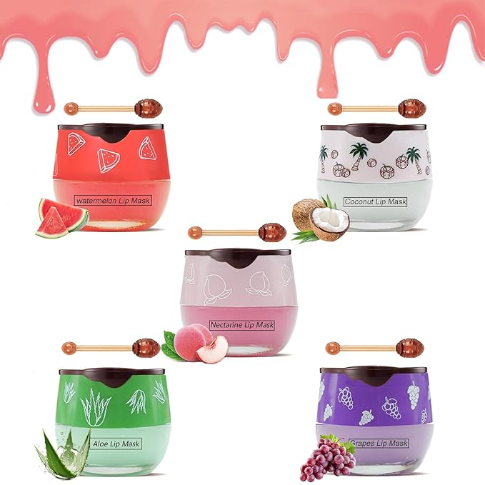 5PCS Bee Lip Balm Honey Pot，Peach&Grape&Aloe&Coconut&Watermelon Lip Mask Overnight Propolis Moisturizing Lip Balm Hydrating Prevention Dry and Crack Lip Scrubs Exfoliator Lip Wrinkle Care