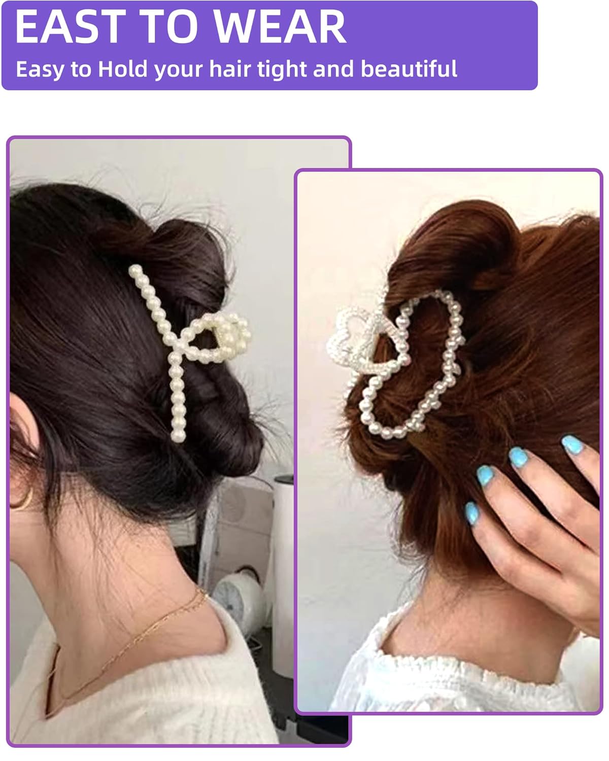 6 PACK Large White Pearl Hair Claws, Strong Hold Non-Slip Jaw Barrettes for Thick Hair, Wedding Styling Gift Accessories for Women and Girls