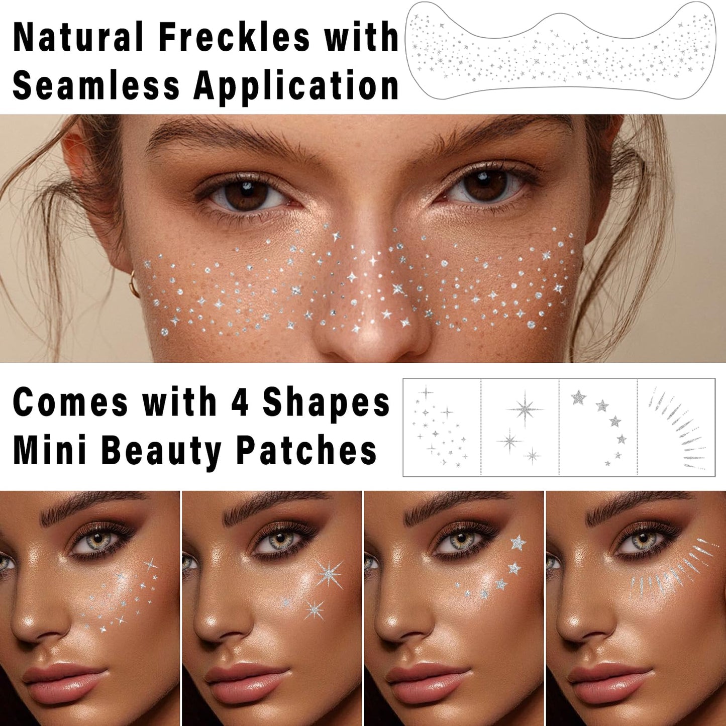 20 Pcs Silver Glitter Freckles Face Tattoos, Silver Glitter Freckles Makeup Patches, Waterproof Sparkle Freckles, Glitter Freckles Temporary Face Tattoos for Women