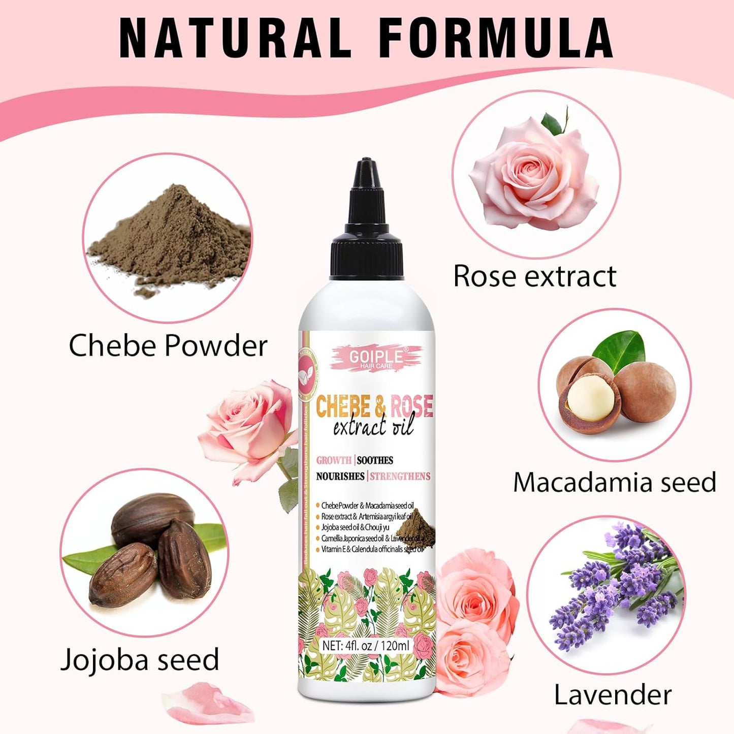 Chebe & Rose Hair Oil for Hair Growth, Chebe & Rose Extract Oil Moisturizer for Scalp, African Chebe Powder for Hair Growth Stronger Thicker, Natural Chebe Hair Growth Oil for All Hair Types 4fl oz