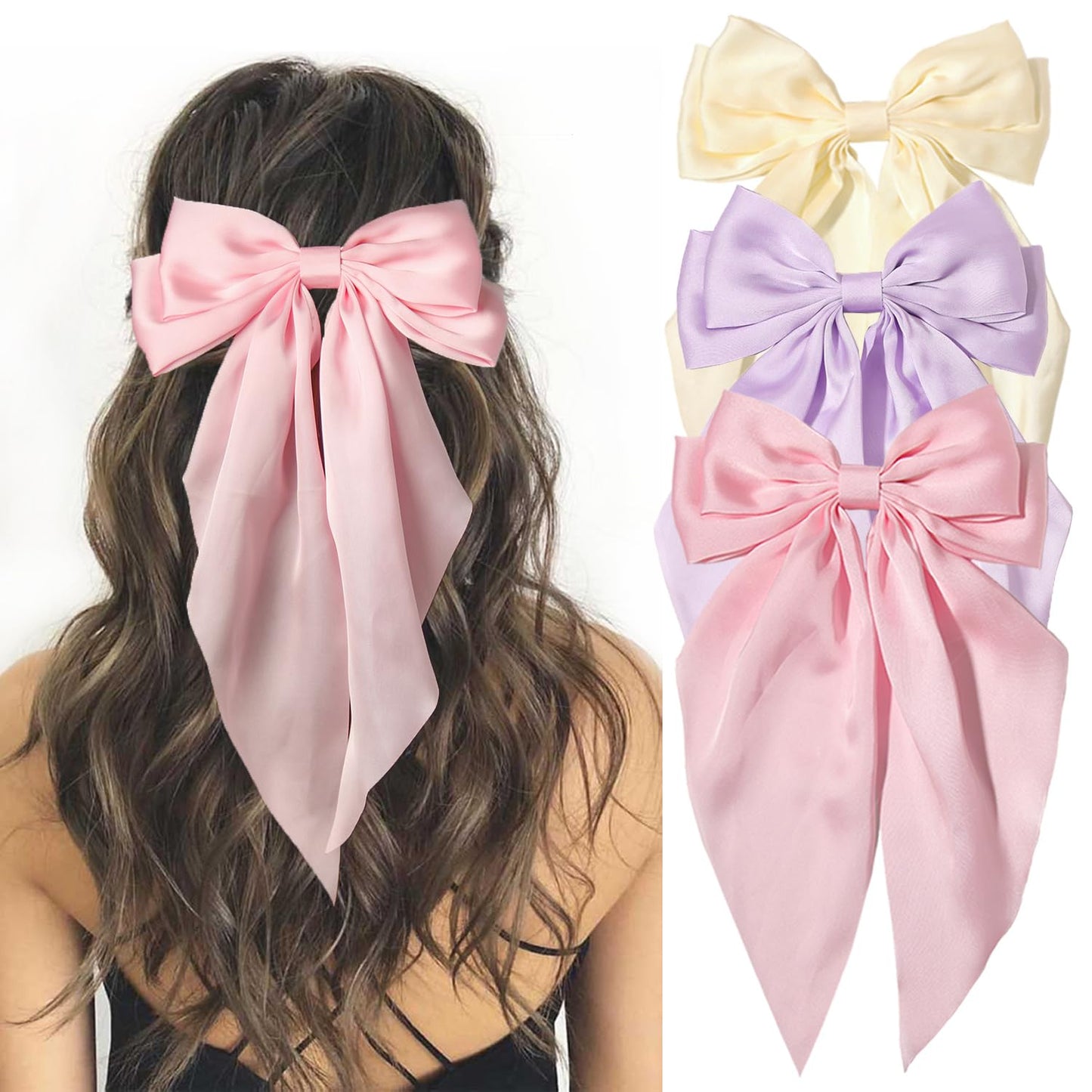 Furling Pompoms Hair Bows, 3pcs Satin Bow Hair Clips for Women in Beige/Lilac/Pink with Metal Clip, Long Tail Hair Accessories