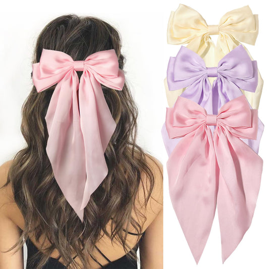 Furling Pompoms Hair Bows, 3pcs Satin Bow Hair Clips for Women in Beige/Lilac/Pink with Metal Clip, Long Tail Hair Accessories