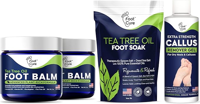Tea Tree Oil Foot Balm - Foot Moisturizer for Dry Cracked Feet - Instantly Hydrates & Soothes Irritated Skin & Athletes Foot - Best Foot Care for Women and Men & Tea Tree Foot Soak, Callus Remover Gel