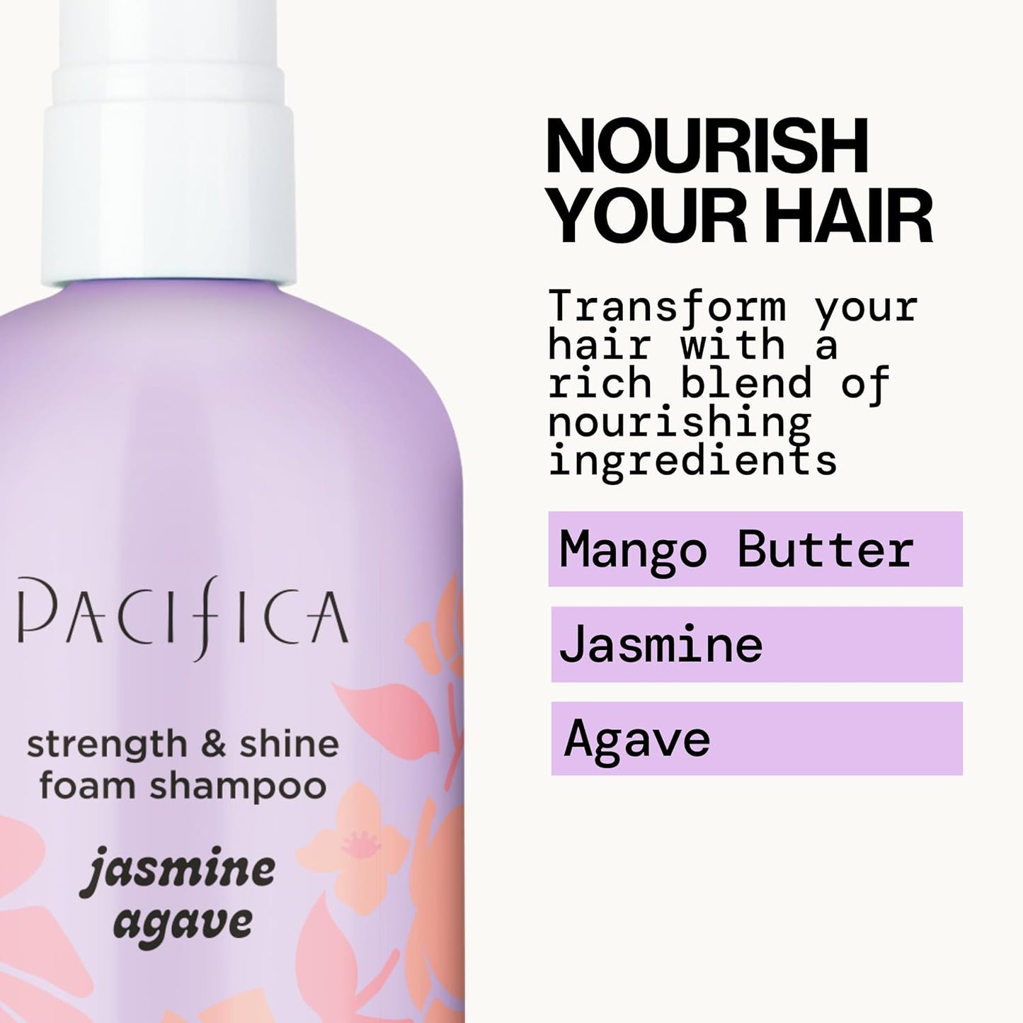 Pacifica Jasmine Agave Strength & Shine Foaming Shampoo – Repairing Foam Shampoo for Dry, Damaged or Bleached Hair, Deep Clean & Glossy Finish, Clean Beauty Vegan & Cruelty-Free Dermatologist Tested