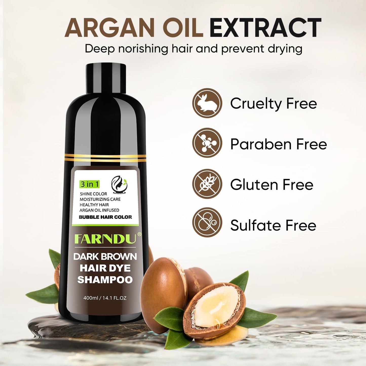 FARNDU Dark Brown Hair Dye Shampoo 3 in 1 with Argan Oil – 10-15 Min Gray Coverage, Natural Instant Hair Color Shampoo for Women and Men, Long-Lasting Up to 6 Months