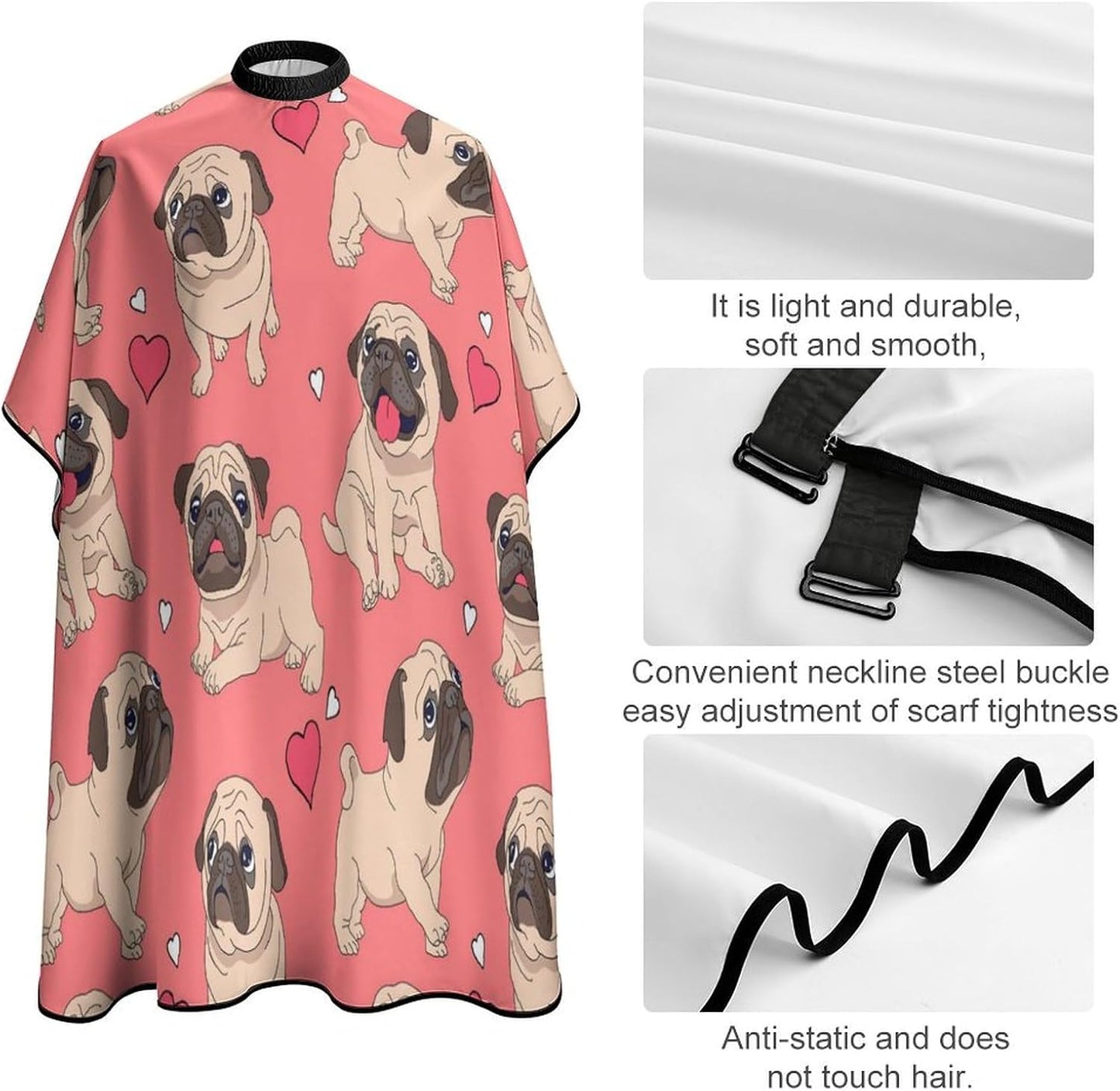 Professional Barber Cape for Men Women, Water and Stain Resistant Funny Cartoon Pugs Puppy Pink Art Hair Cutting Cape Extra Large Haircut Apron Hair Cutting Cloak, Skin Friendly