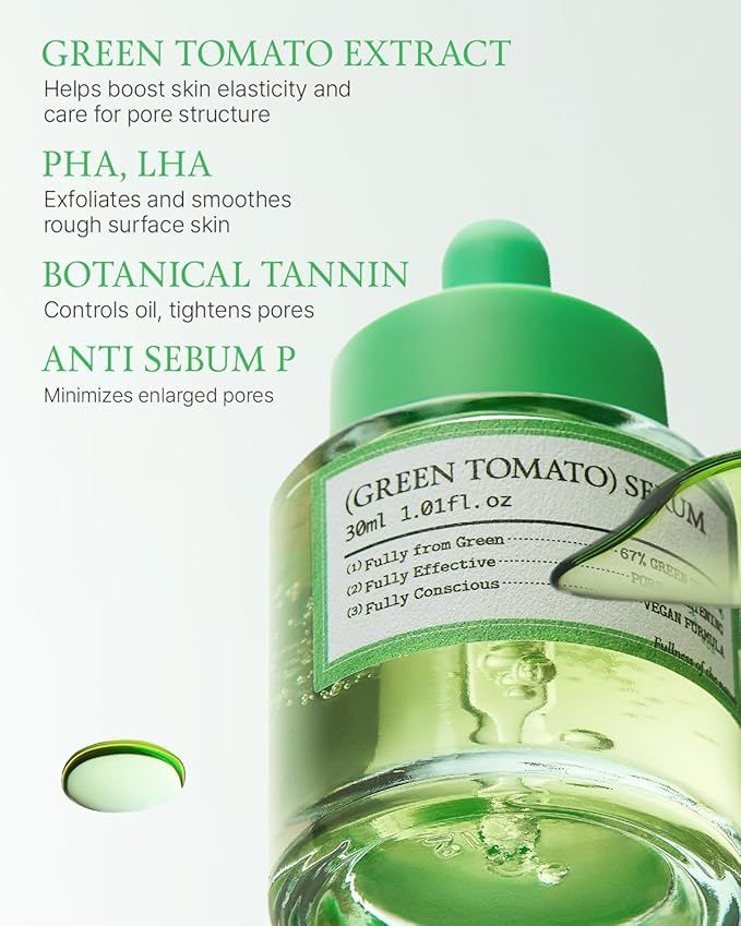 FULLY Green Tomato Serum, Pore Tightening with 67% Green Tomato Extract, Vit C and PHA, Elastcity Boosting and Skin Moisturization, Fragrance Free, Vegan & Dermatologically Tested, 1.01 fl.oz