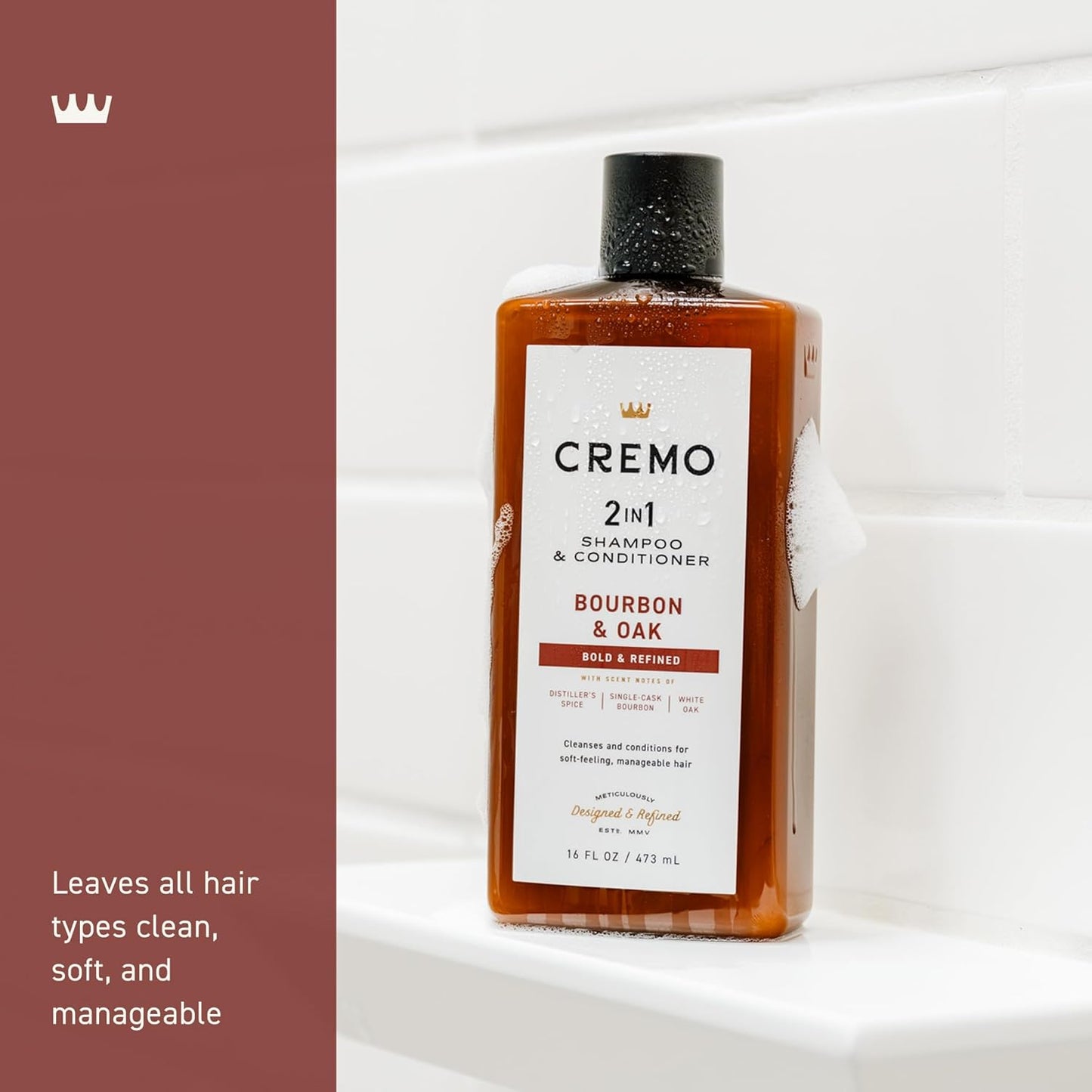 Cremo Bourbon & Oak 2-in-1 Shampoo & Conditioner, Barber Grade Quality That Moisturizes and Cleanses All Hair Types, 16 Fluid Ounce