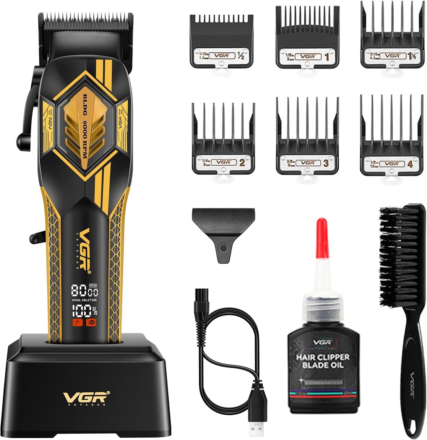 VGR 119 Professional Cordless Hair Clippers for Men, Rechargeable Barber Clippers with Base, Lithium-ion Battery Hair Cutting Machine with BLDC Motor and Ceramic Blades for Home and Barber, Gold