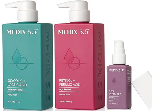 Medix 5.5 Anti Aging Skin Care 3PC Set, Retinol Body Cream + Exfoliating AHA Glycolic Acid Foaming Face & Body Wash + Vitamin F Booster Serum, Wash + Treat + Hydrate Skincare Set
