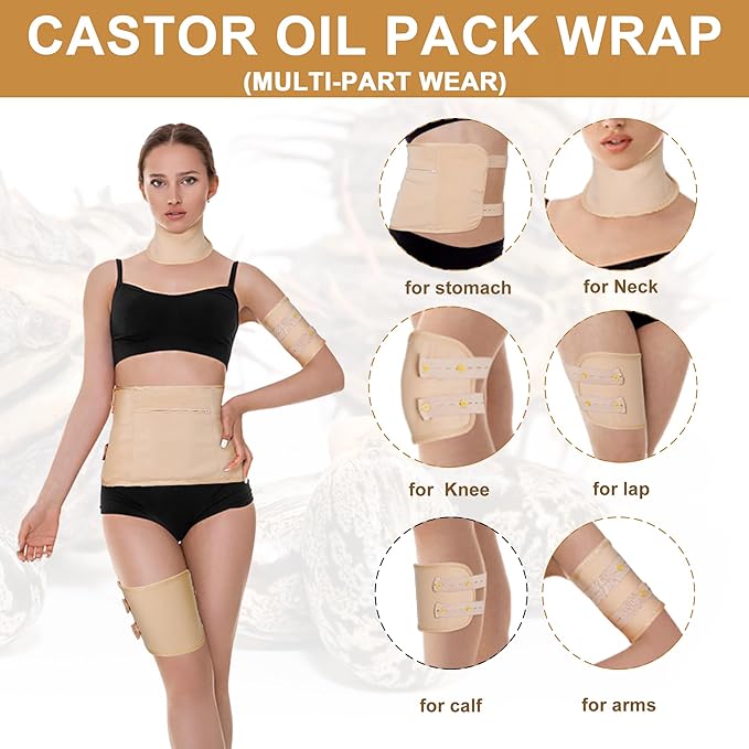 Castor Oil Organic Cold Pressed Unrefined Glass Bottle,Castor Oil Pack Wrap Organic Cotton for Stomach-Neck-Abdomen -Knee-Arm.organic castor oil for Hair Growth -Face-Lashes & Eyebrows