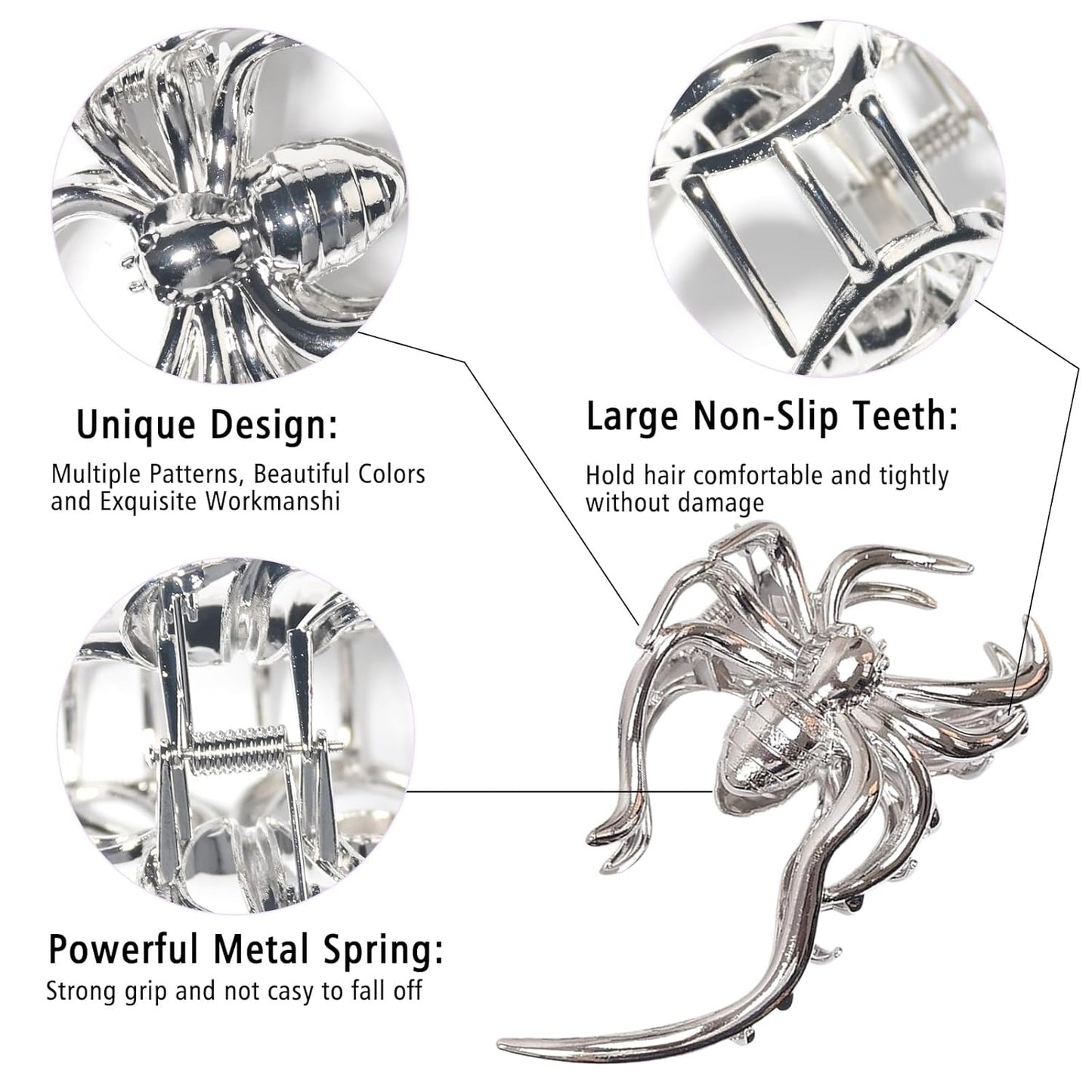 Halloween Spider Hair Claw Clips - Metal Silver Alloy Nonslip Terror Strong Hold Gothic Punk Spider Style 2
