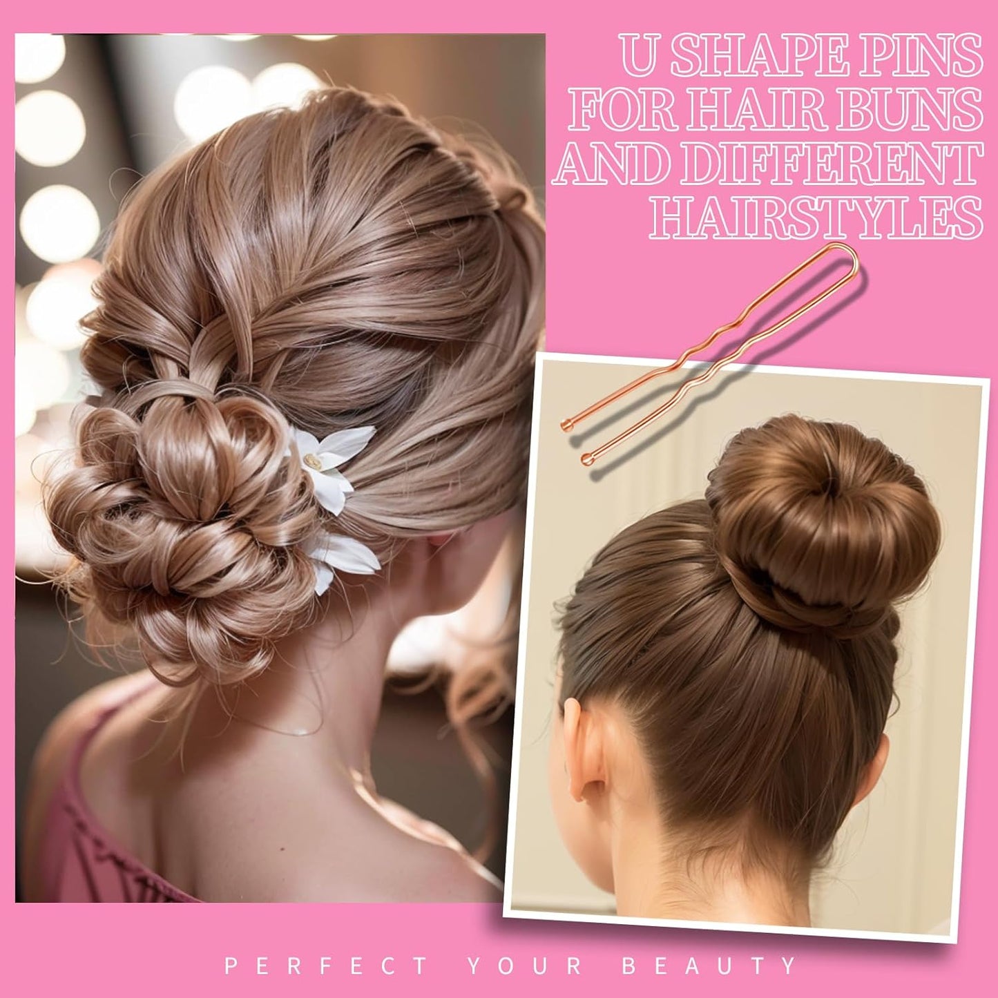 Teenitor 300pcs Bobby Pins Rose Gold Hair, 100 Bobby Pins 100 Hair Pins for Women 100 Hair Bands Kit, Hair Pins for Buns 2" 2.36" 2.75" Rose Gold