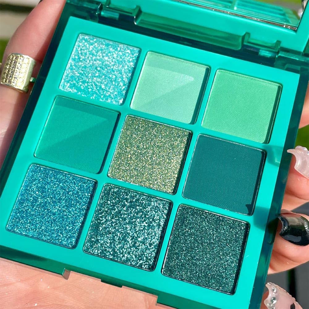 evpct 9 Colors Teal Eyeshadow Palette, Turquoise Cyan Light Blue Dark Green Glitter Metallic Shimmer Sparkly Eye Shadow Palette Makeup for Older Women Blue Eyes, Waterproof Highly Pigmented Eyeshadow